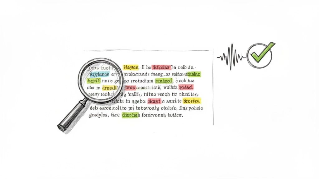 A magnifying glass highlights text on a document, illustrating AI-powered writing analysis and correction.