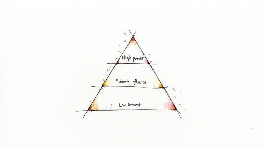 A hand-drawn pyramid diagram segmented into three levels: High power, Moderate influence, and Low interest.
