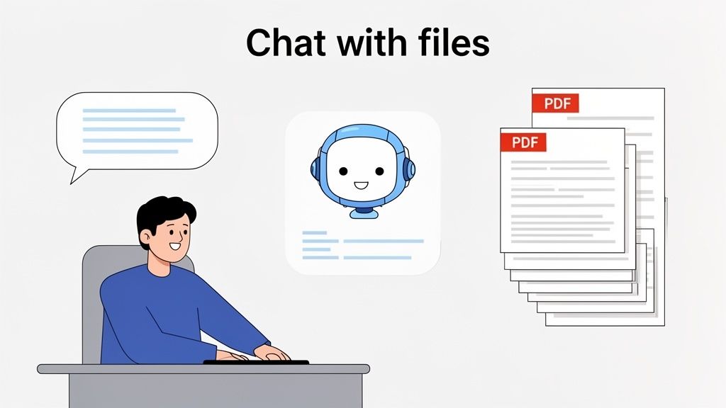 An illustration of a person chatting with an AI robot and managing various PDF files.