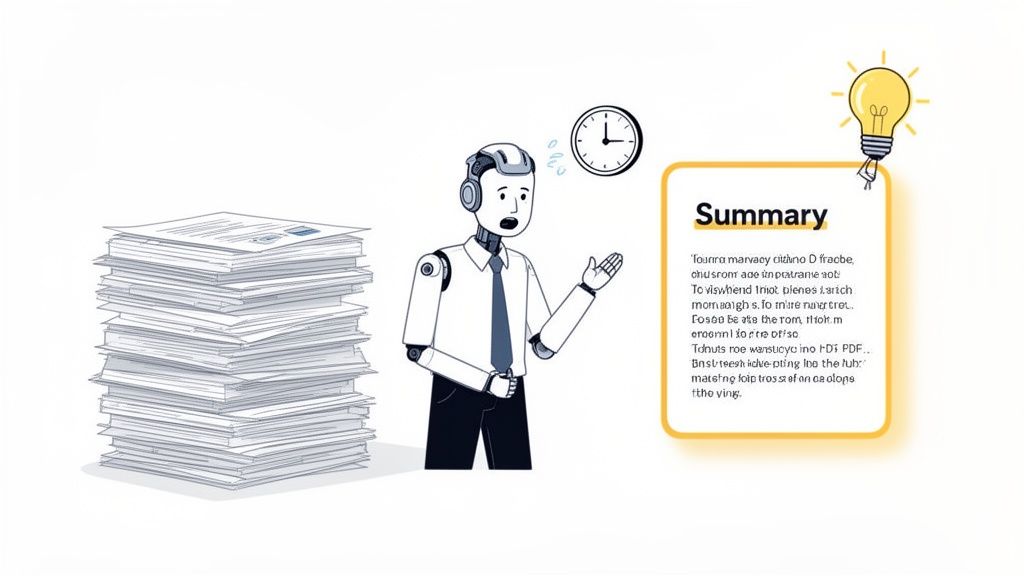 AI robot stands next to a stack of documents, then produces a summary in a textbox, symbolizing AI document summarization.