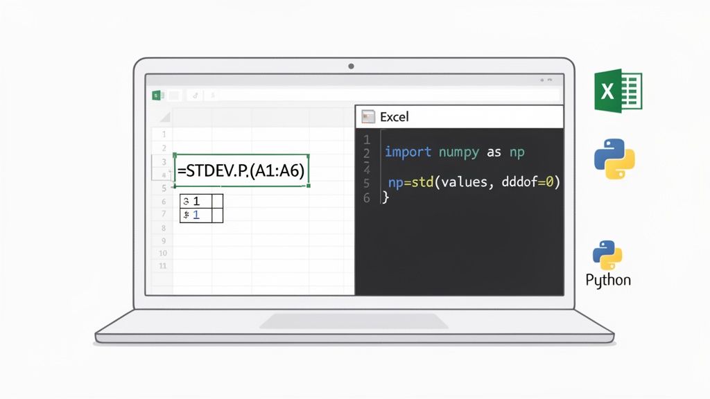 A laptop screen compares population standard deviation calculation in Excel with Python (NumPy) code, showing formulas and syntax.