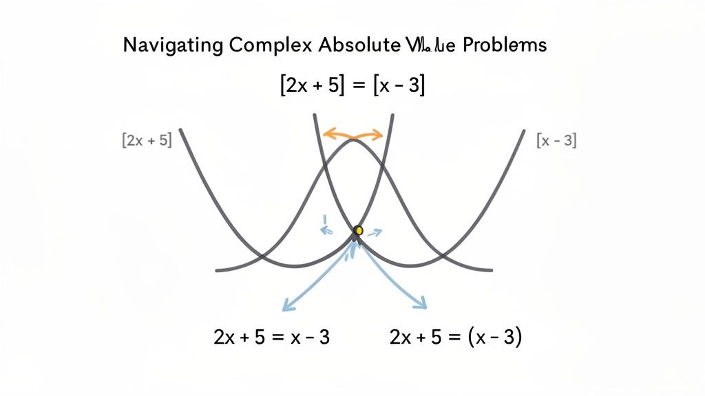 Graph illustrating two intersecting absolute value functions and the two algebraic equations derived from them.