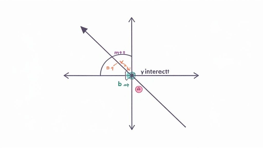 A coordinate plane with a line passing through the origin, illustrating y-intercept and angles.