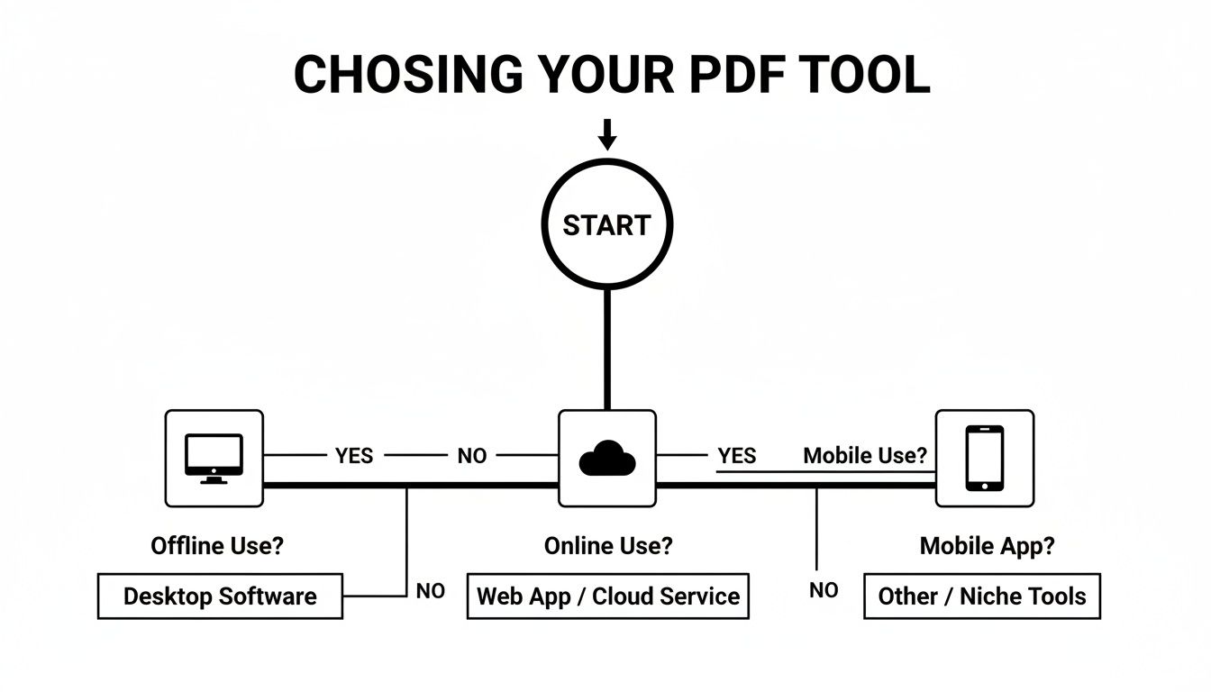 A flowchart guides users to choose a PDF tool based on offline, online, or mobile use.