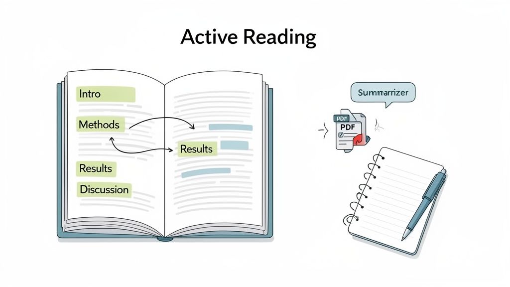 An illustration detailing active reading techniques for research papers, including highlighting, linking sections, and using summarization tools with note-taking.