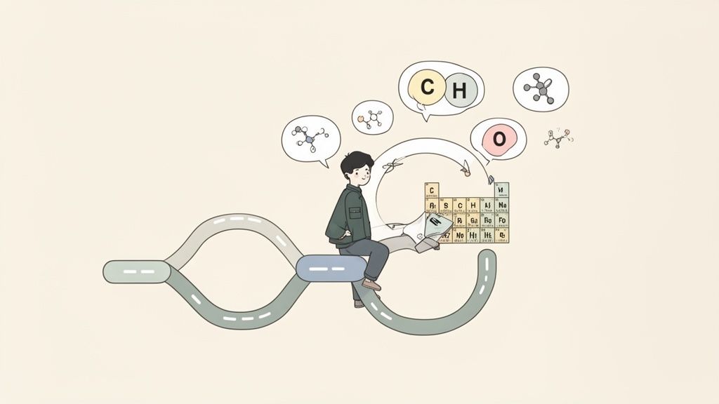 A student on an infinity path, surrounded by chemistry elements, molecules, and the periodic table.
