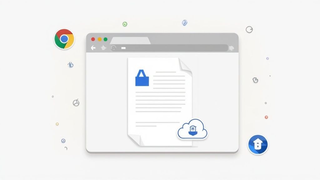 A browser displaying a document with a blue building icon, cloud storage, and Google Chrome logo.