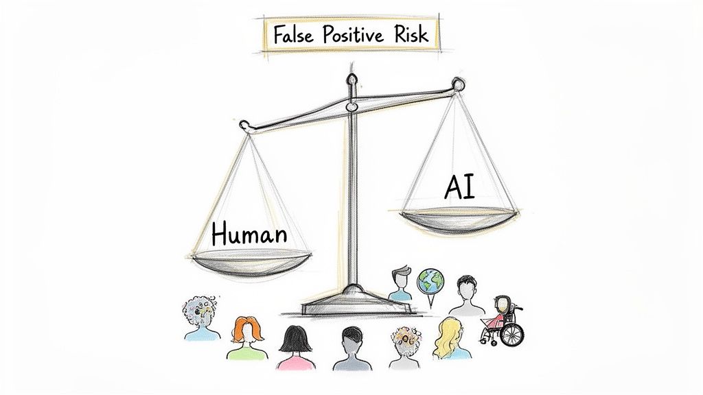 A balance scale shows AI weighing more than human regarding false positive risk.