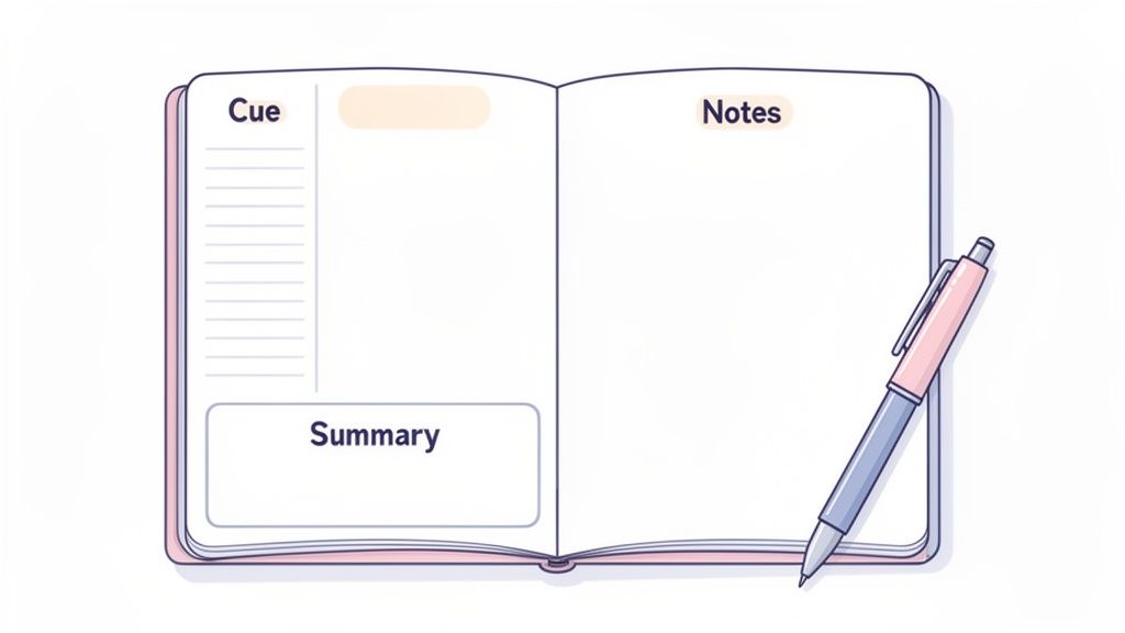 A notebook showing the Cornell note-taking system with cue, notes, and summary sections, next to a pen.