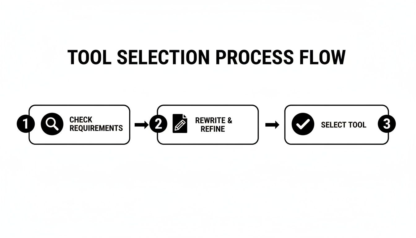 A simple flowchart outlining a three-step tool selection process: Check requirements, rewrite and refine, then select tool.