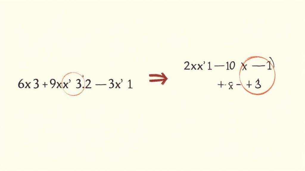 Person writing factoring polynomial equations on a whiteboard