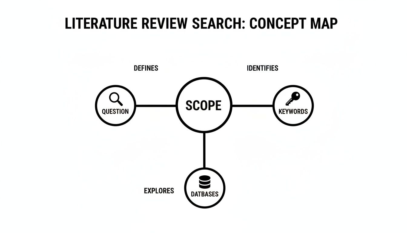 A concept map outlining the literature review search process, connecting scope with question, keywords, and databases.