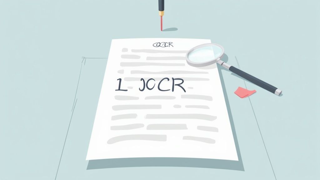 An image depicting a document on a desk with text, a magnifying glass, and a pencil.