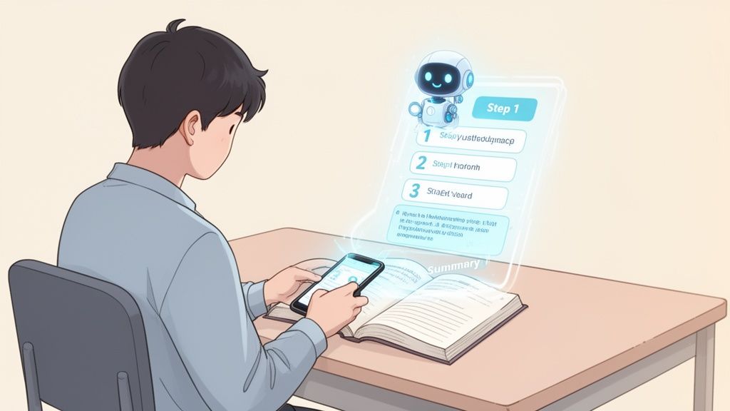 A student uses a smartphone with an AI assistant for studying, displaying holographic steps and summaries over a textbook.