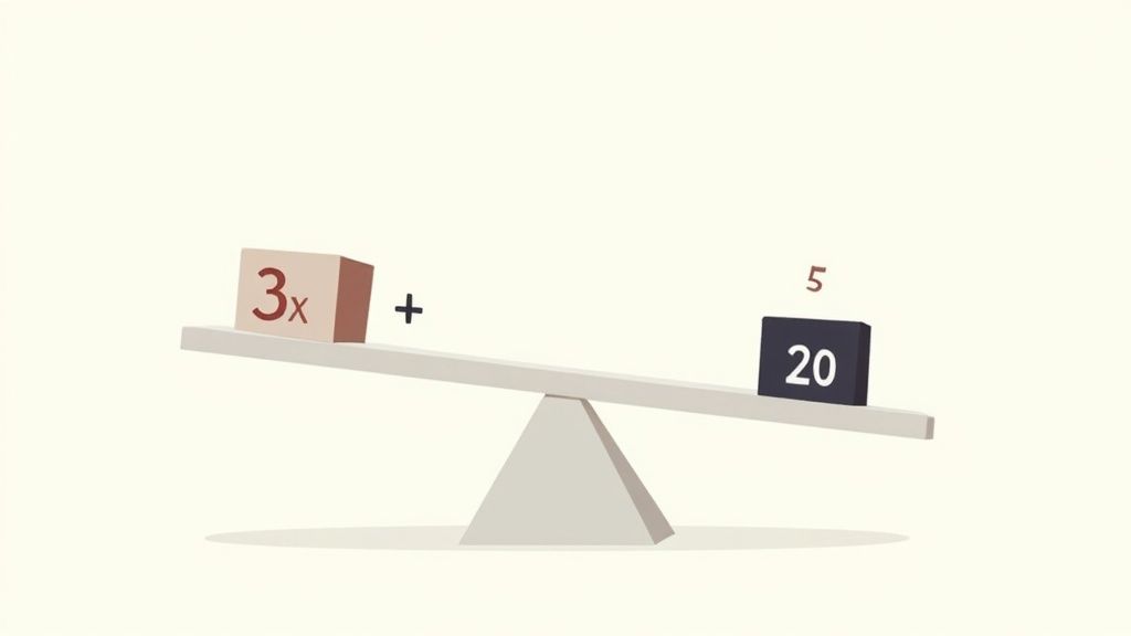An unbalanced balance scale showing '3x' on the lower left and '20' on the higher right.