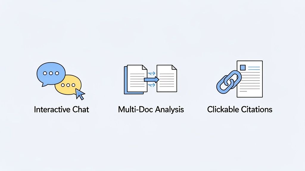 Three icons illustrating features: interactive chat, multi-document analysis, and clickable citations.