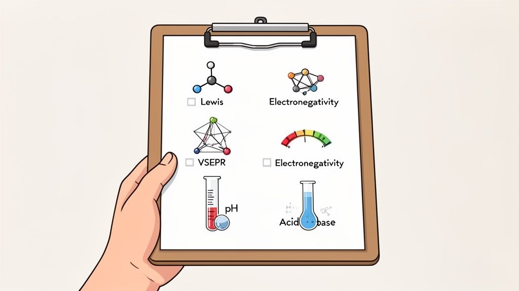 A hand holds a clipboard displaying various chemistry concepts like Lewis structures, VSEPR, electronegativity, pH, and acid-base.