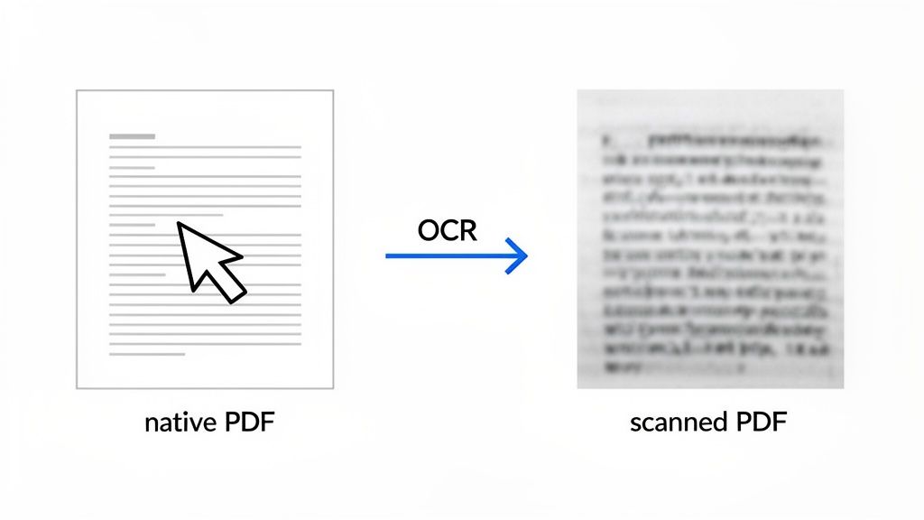 A diagram illustrating the OCR process, transforming a clear native PDF document into a blurry scanned PDF.