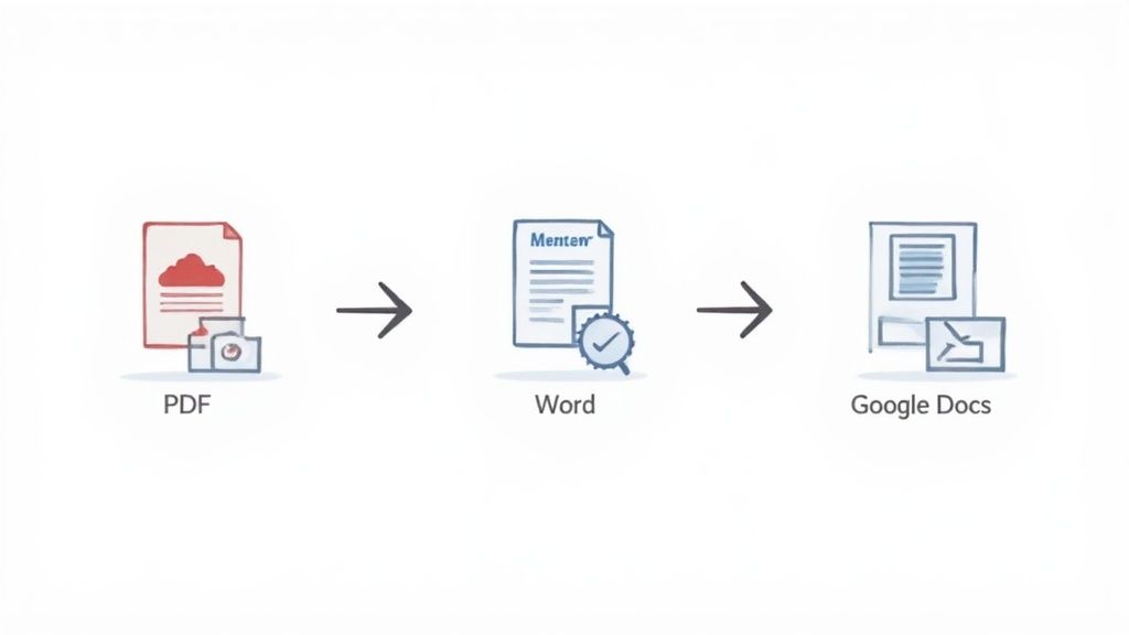 A diagram illustrating the conversion process of a PDF document into an editable Word file and then to Google Docs.