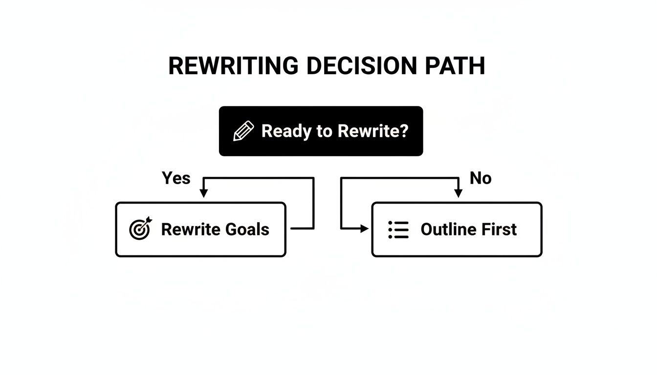 A flowchart detailing the rewriting decision path: Yes leads to Rewrite Goals, No leads to Outline First.