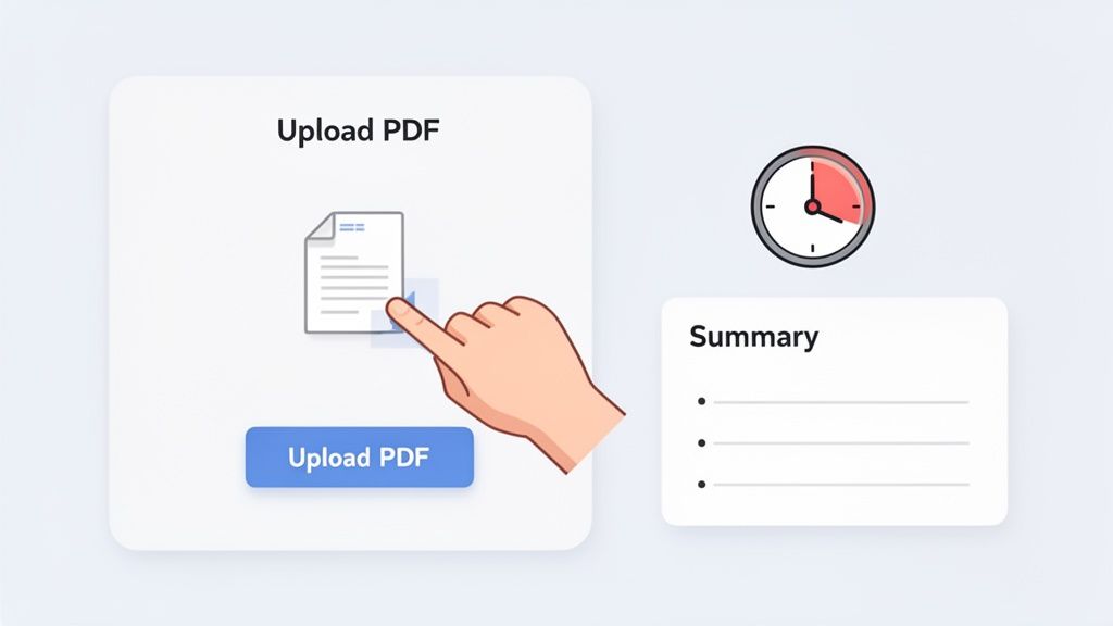 A hand uploads a PDF document to generate a quick summary, highlighting efficiency.