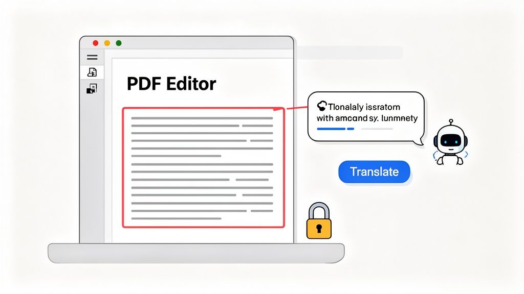A graphic depicting a PDF editor where a section of text is selected for AI translation by a chatbot.