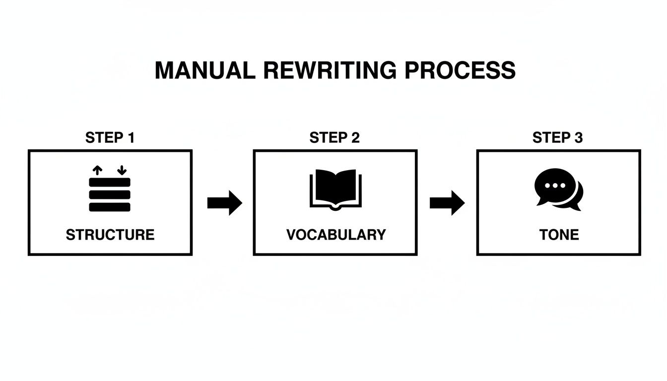 Diagram illustrating the manual rewriting process with steps for structure, vocabulary, and tone.