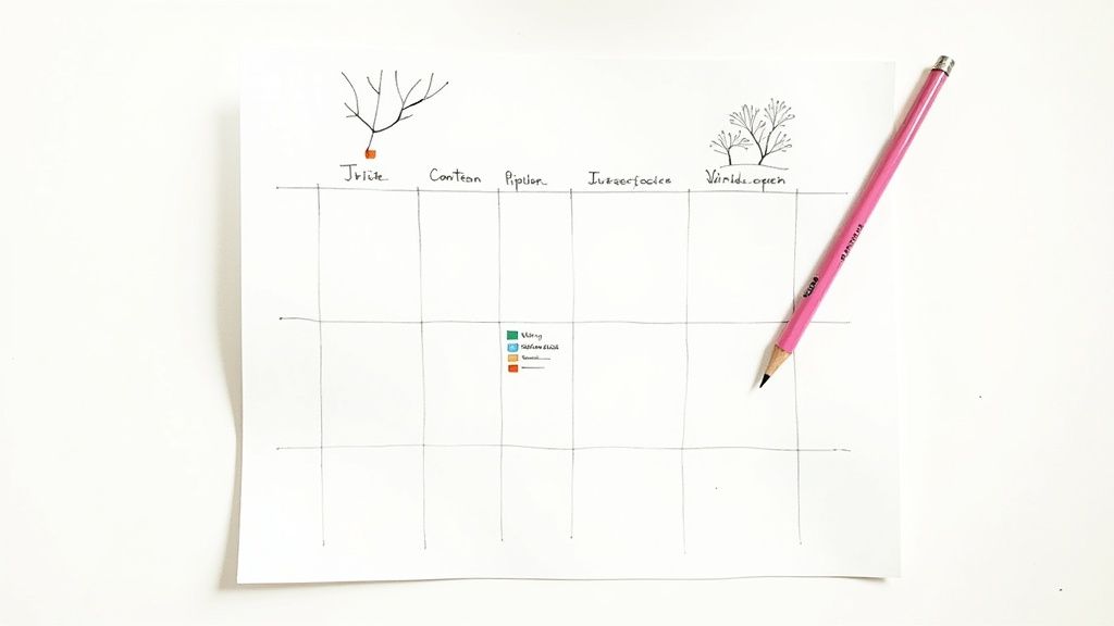 A hand-drawn chart on white paper featuring tree sketches, various labels, a color legend, and a pink pencil.