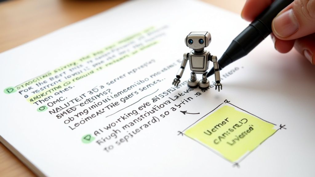 Miniature robot on paper with handwritten notes, highlighted text, and a hand with a pen.