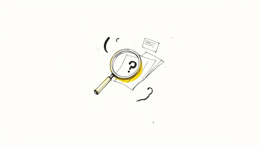 Hand-drawn image of a magnifying glass over papers with a question mark, representing an investigation.
