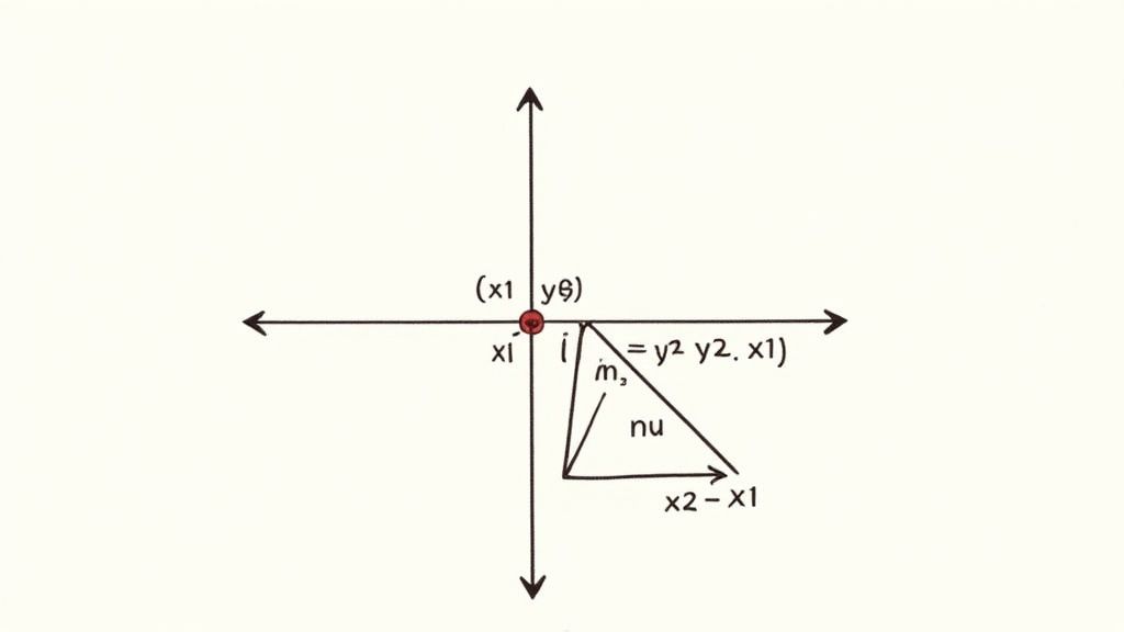A mathematical diagram illustrating points and a triangle with labeled coordinates x1, y2, and vector components.