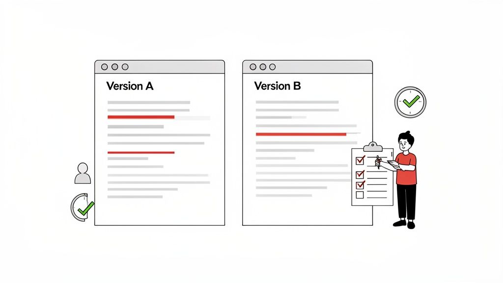 Two document versions, A and B, are compared with a person reviewing changes on a clipboard.
