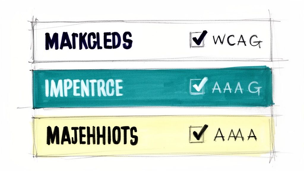 Hand-drawn sketch showing accessibility rating examples with checked boxes for WCAG, AAAG, and AAA.