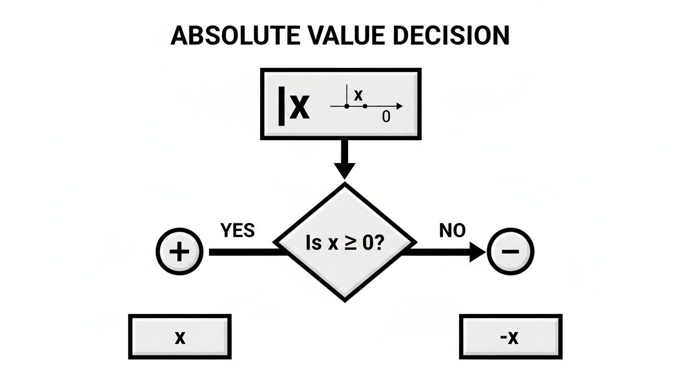 Flowchart illustrating the decision process for calculating the absolute value of x based on its sign.