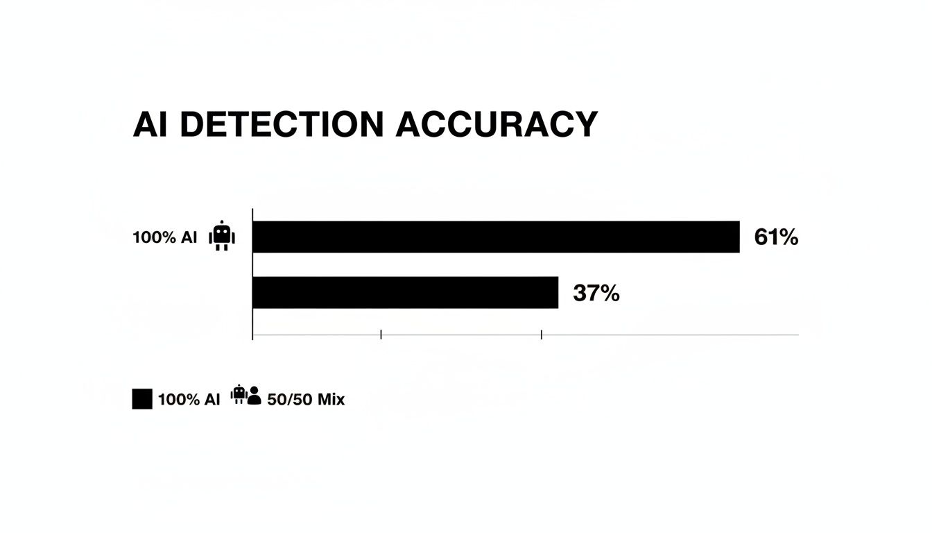 Horizontal bar chart titled AI Detection Accuracy, showing 100% AI content detected at 61% and 50/50 mix at 37%.