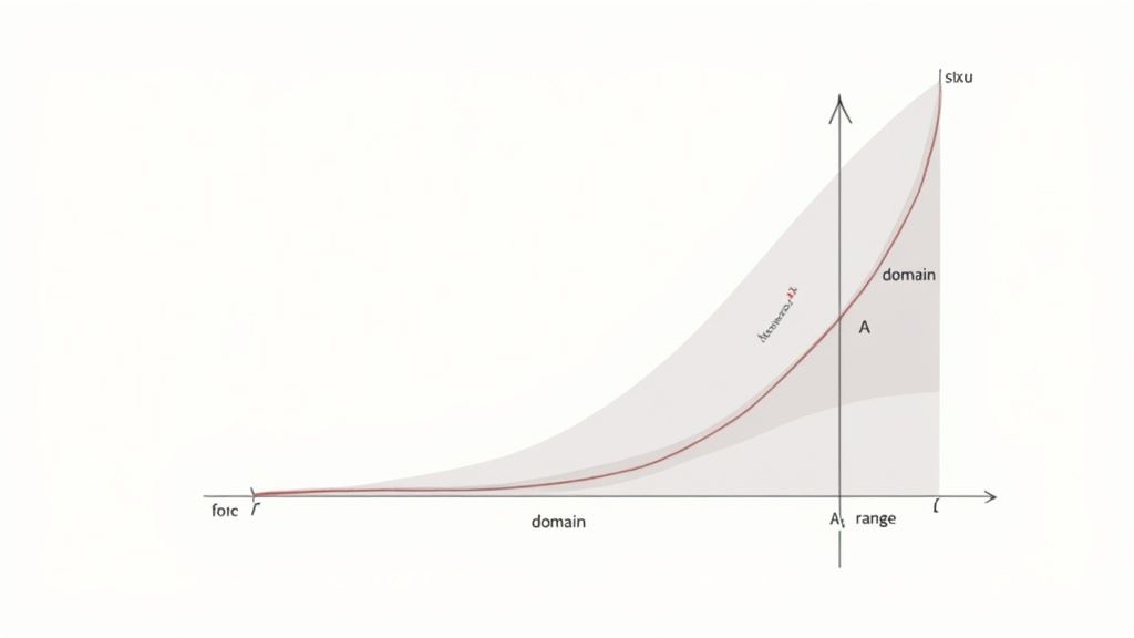 A mathematical graph illustrates a function's curve with shaded regions, indicating its domain, range, and area A.