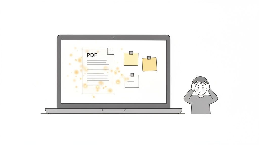 A frustrated person holds their head while looking at a laptop with a dirty PDF document and sticky notes.