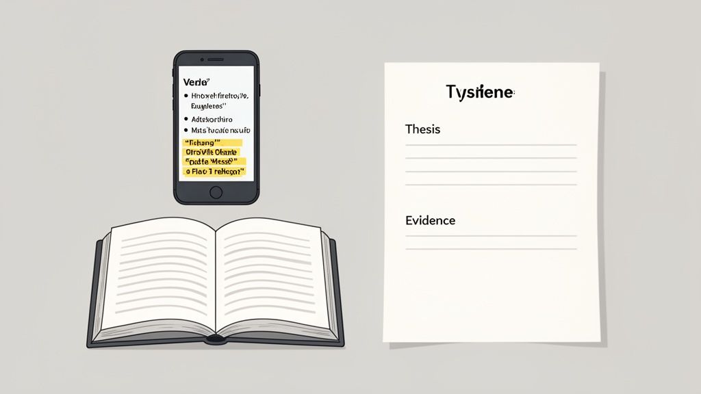 A smartphone displaying text, an open book, and a document with 'Thesis' and 'Evidence' sections.