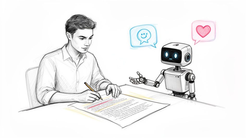Man writing on a document, receiving digital feedback from a small AI robot with speech bubbles.