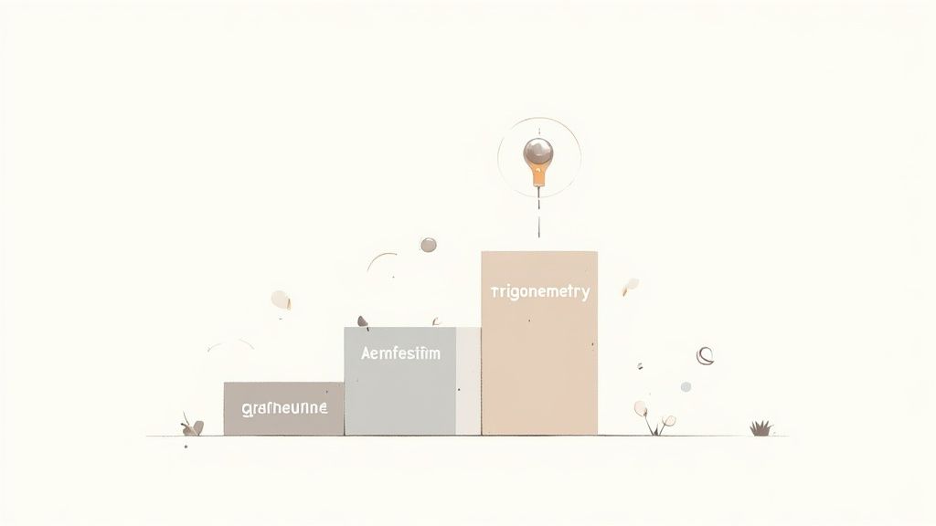 Three ascending blocks labeled grafneurine, Aernfestiim, and Trigonometry showing progressive difficulty in math concepts