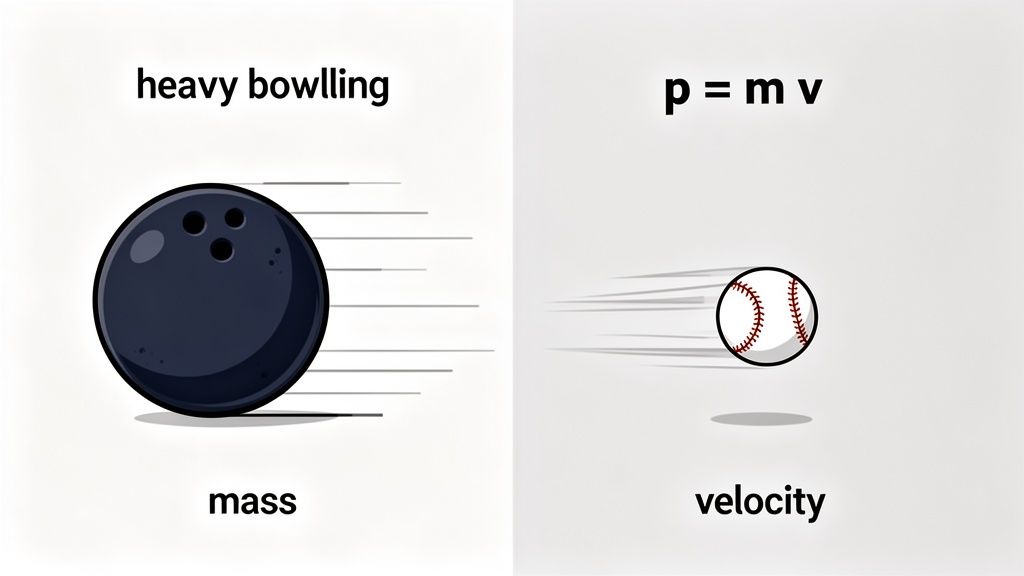 A heavy bowling ball illustrates mass, and a fast baseball shows velocity, representing p=mv momentum.