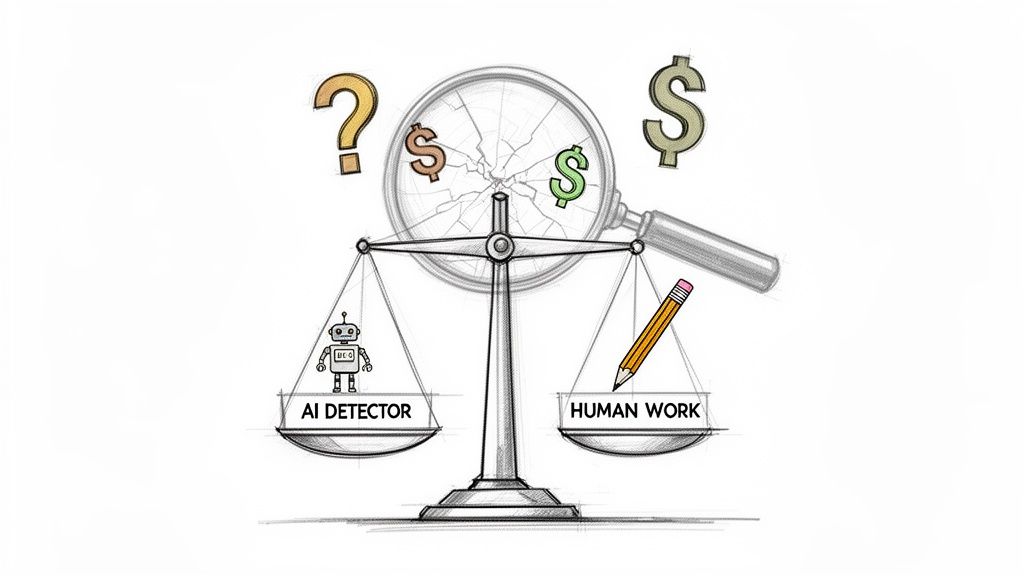 A balance scale weighs an AI detector robot against human work, with costs and accuracy questioned.