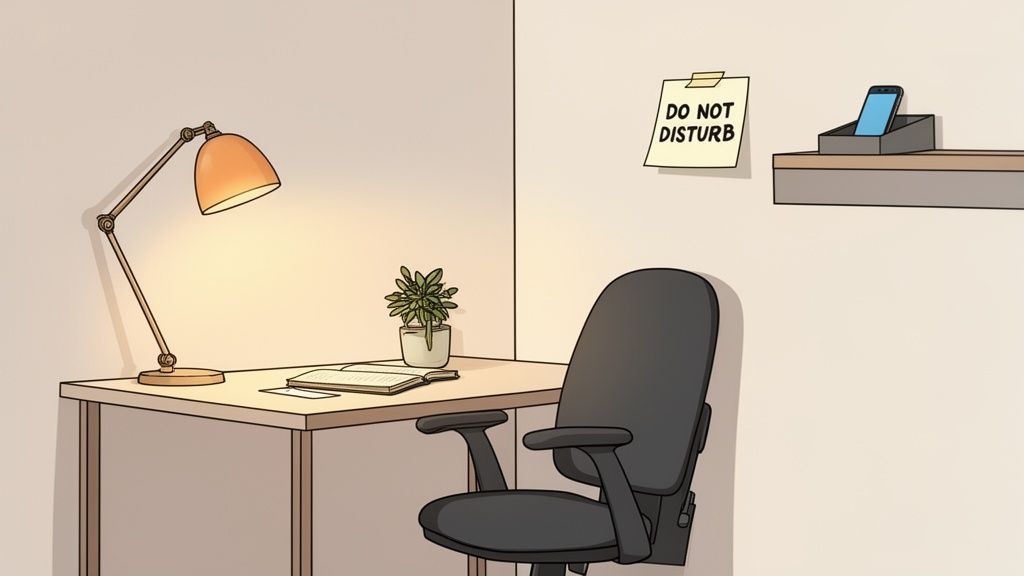 A cozy, well-lit home office desk with a lamp, plant, open book, and an office chair.