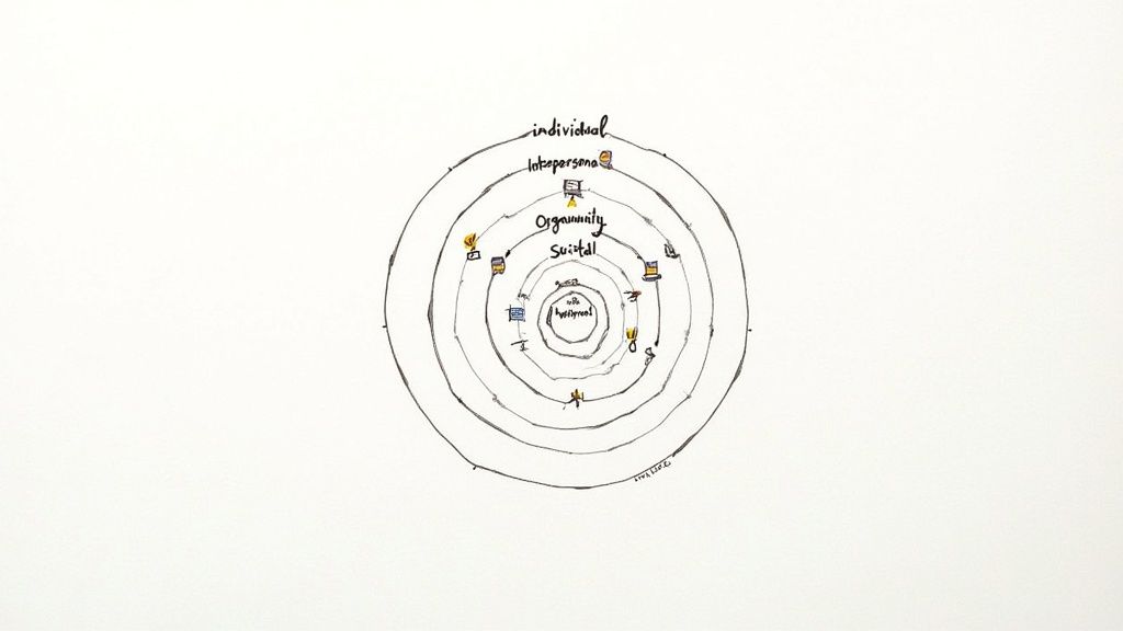 A hand-drawn diagram shows concentric circles labeled individual, interpersonal, organisational, societal, and national levels.