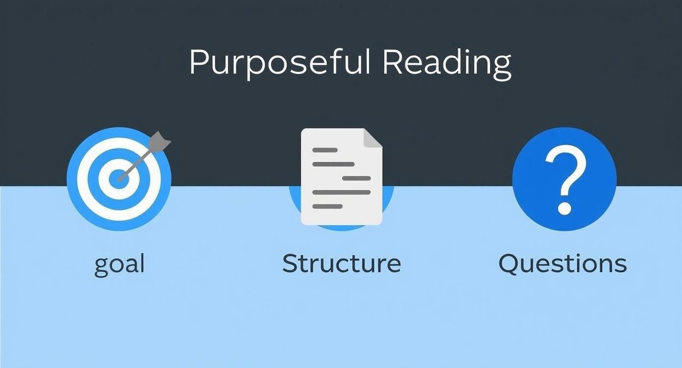 A visual titled 'Purposeful Reading' with icons representing goal, structure, and questions.