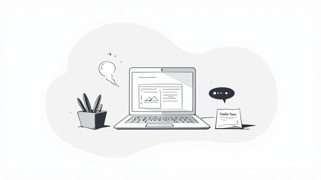 Minimalist laptop workspace illustration with potted plant and business card showing digital content