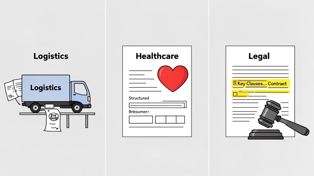 Illustrations of documents and symbols representing logistics, healthcare, and legal industries for diverse document processing.