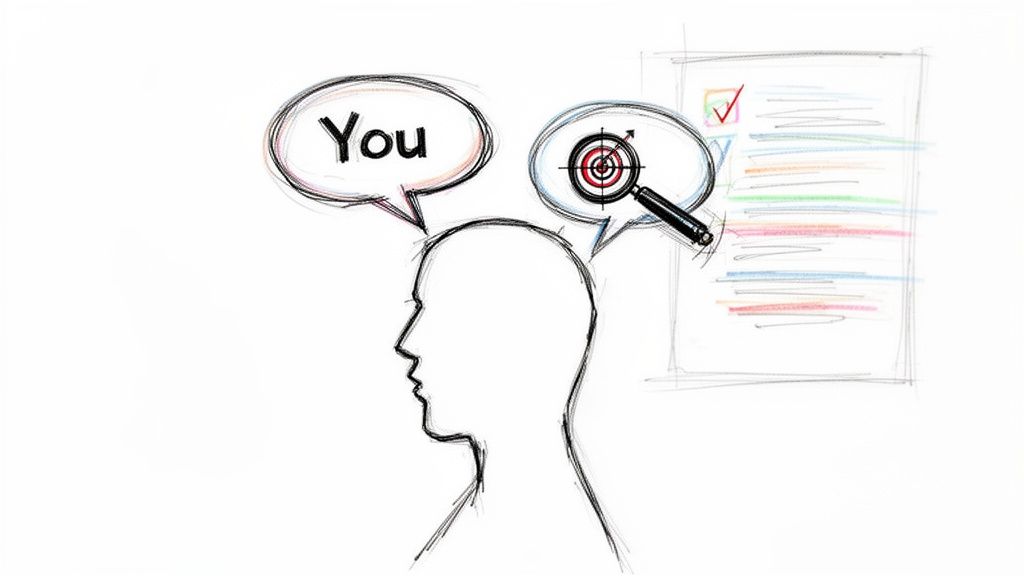 Sketch of a person thinking about self and focusing on clear goals, visualized with a target and checklist.