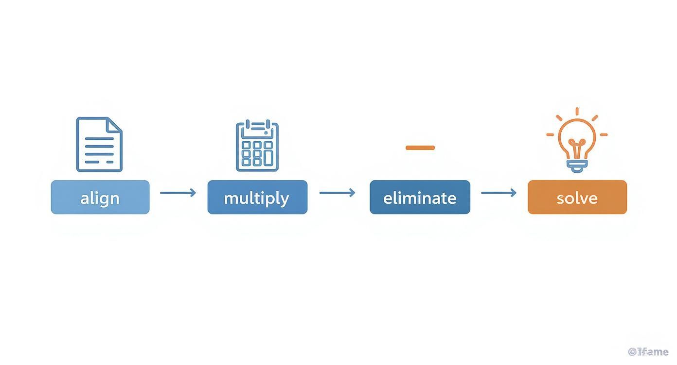 Infographic about how to solve system of equations using elimination
