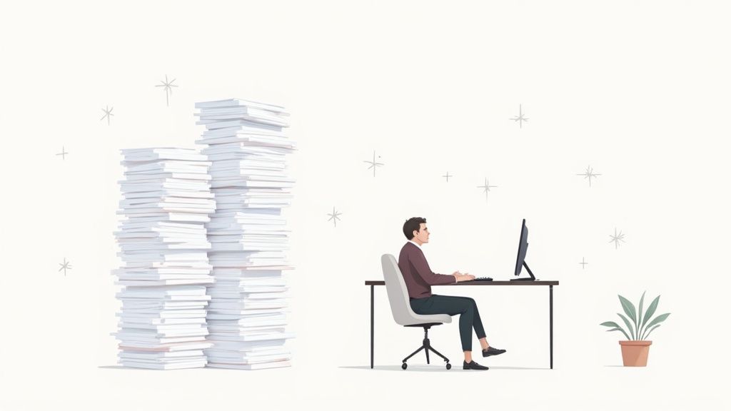 A person works at a computer desk, next to a towering stack of white papers.